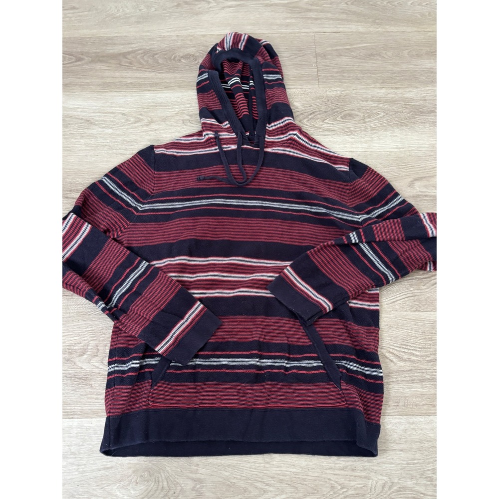 Mens Red and Navy Blue Striped Knit Pullover Hoodie with Kangaroo Pocket